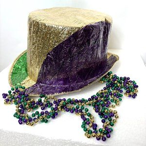 Mardi Gras Foil Top Hat and Beads Purple Green Gold NWT